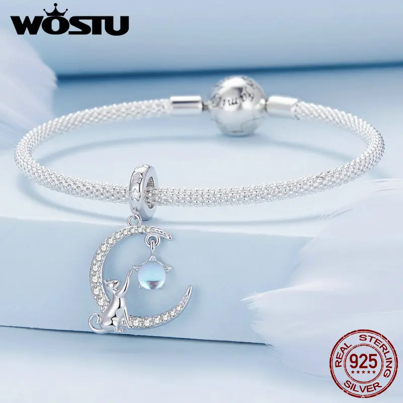 WOSTU 925 Sterling Silver uroczy kot zawieszka koraliki księżyc kamień księżycowy pasujące do oryginalna bransoletka naszyjnik biżuteria DIY prezent