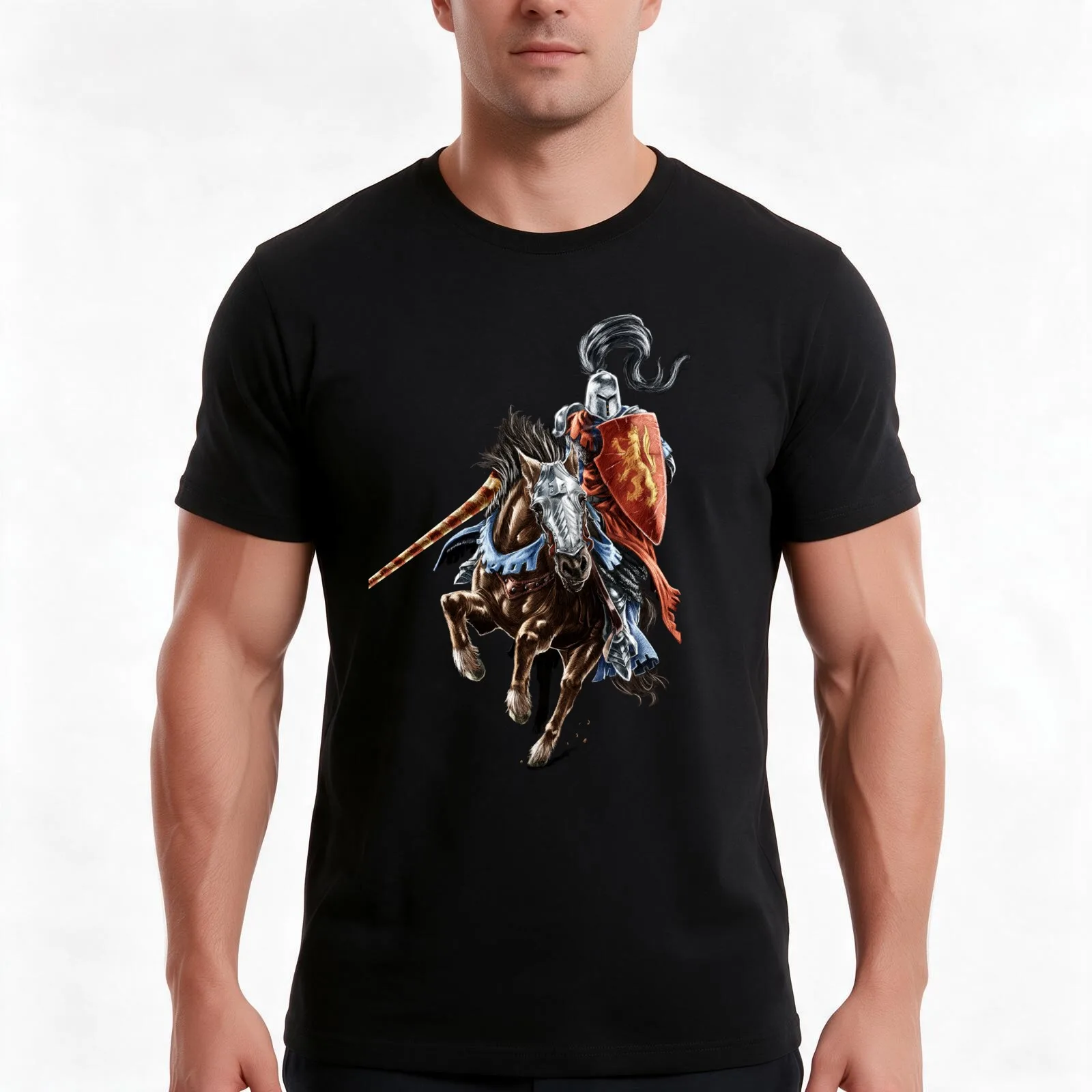 Jousting Knight T-Shirt, Summer Casual Cotton Tee, Oversized Streetwear Tops, Vintage Graphic Print, Loose Fit Short Sleeve