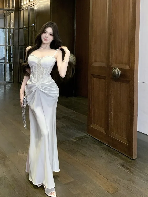 Robe blanche à bretelles, broderie lourde, Fibone, moulante, jupe d'anniversaire pour femmes, saison d'été, événement de bal