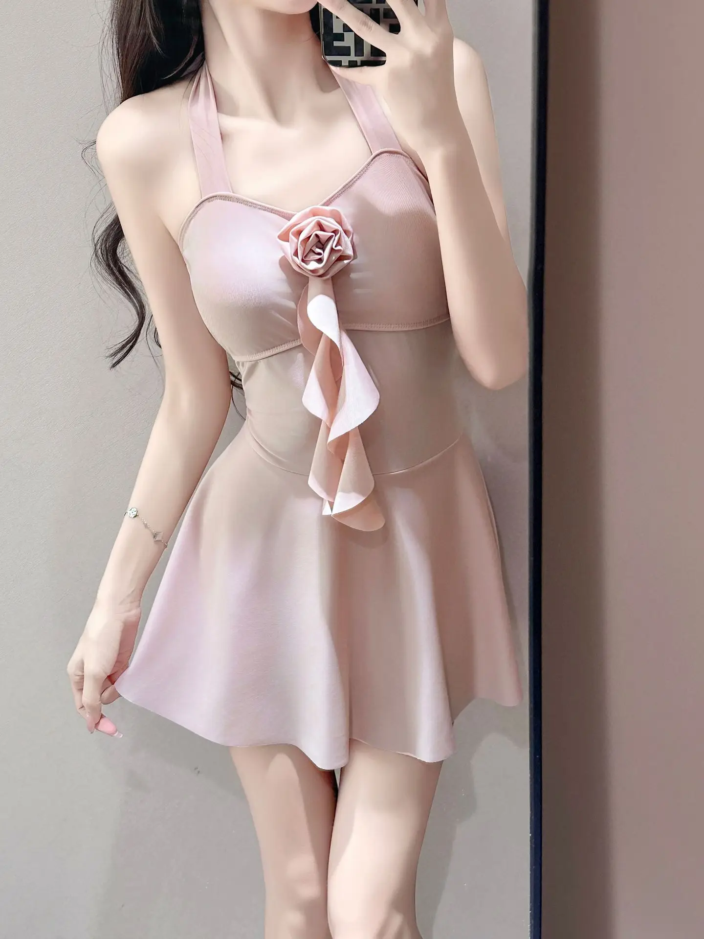 

sexy 3d flower kpop plain sweet swimsuits one piece ruffles halter tie mini dress culottes bikini padded swimwear biquini