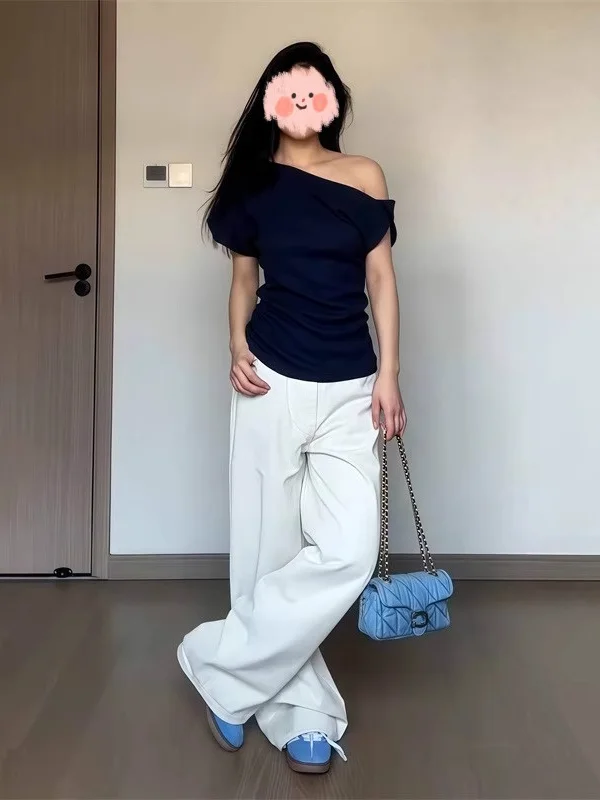 T-shirt slim fit chic da donna Summer Faion Design dolce e piccante Asimmetrico oulder Casual ort Sve Top monospalla