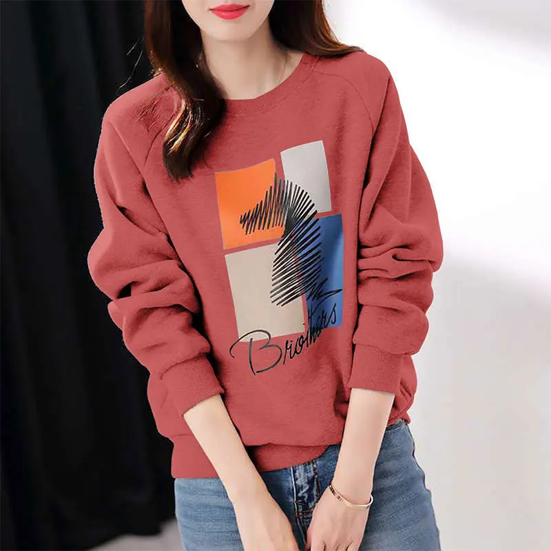 Women\'s Autumn Casual Simplicity Printing O-neck Long Sleeve Sweatshirts Women Clothes Fashion All-match Temperament Loose Tops