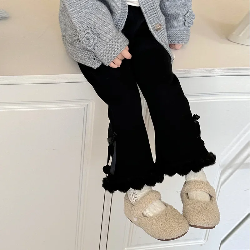 Girls Pants 2024 Autumn New Childrens Clothes Girls Baby Style Thickened Lace Foot Micro-cropped Pants Casual Simple Daily