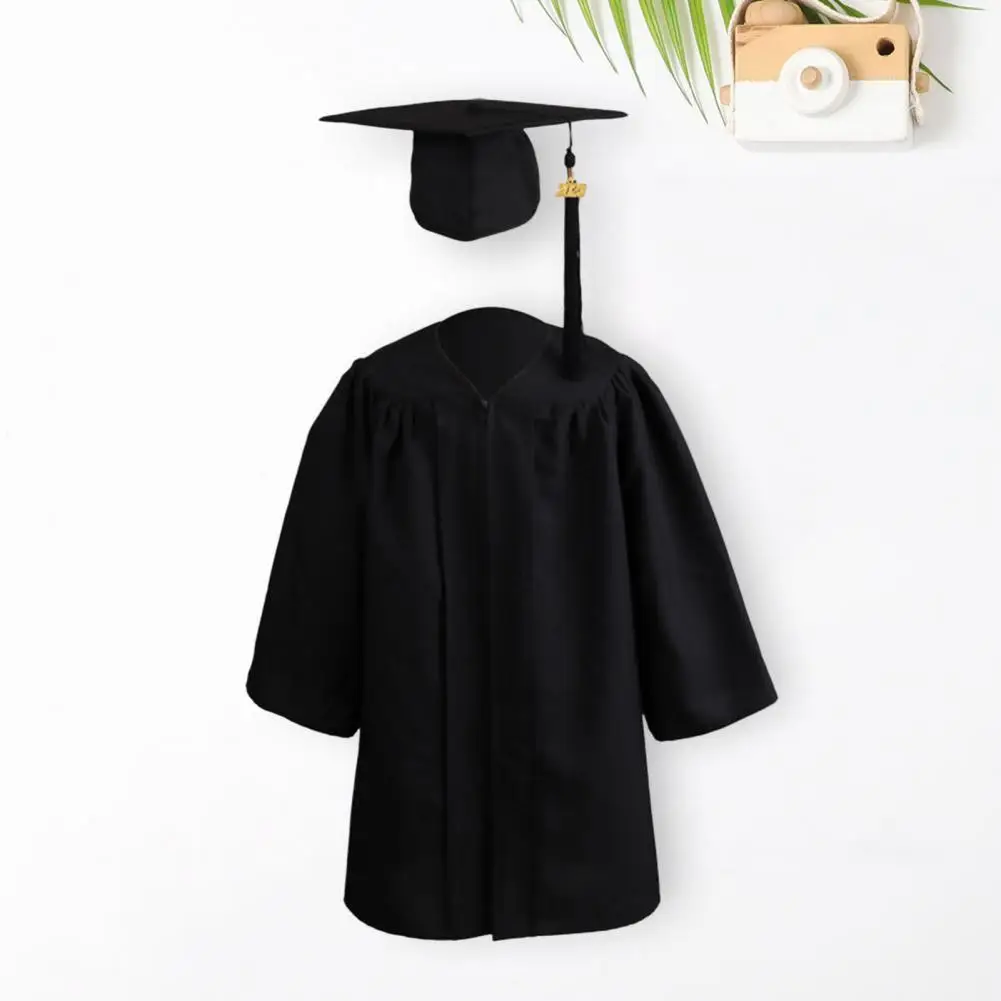 1 Set Graduation Gown Loose Fit Zipper with Hat Tassel Dressing Up Polyester Kid Solid Color Academic Dress Student Supplies