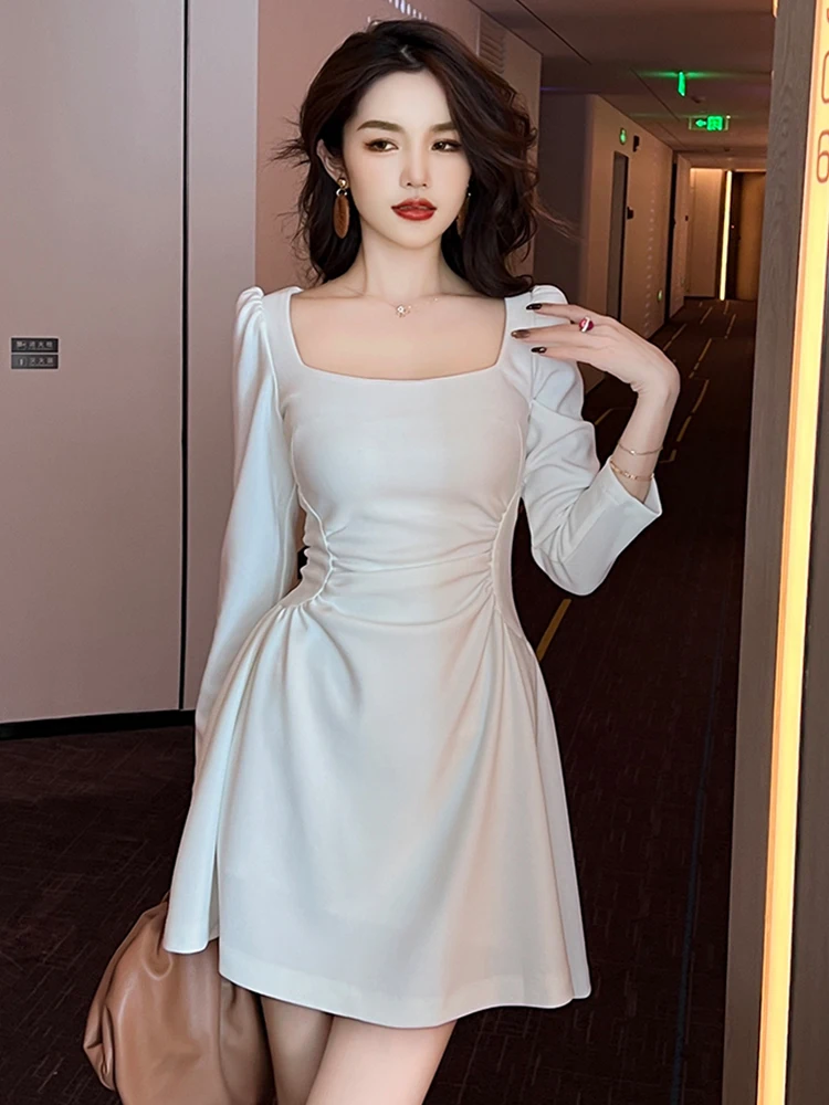 Frühling Herbst Mode Frauen Abendkleid Chic Vintage Sexy Quadrat Kragen Schlank Mini Party Prom Geburtstag Stretchy Mujer Vestidos