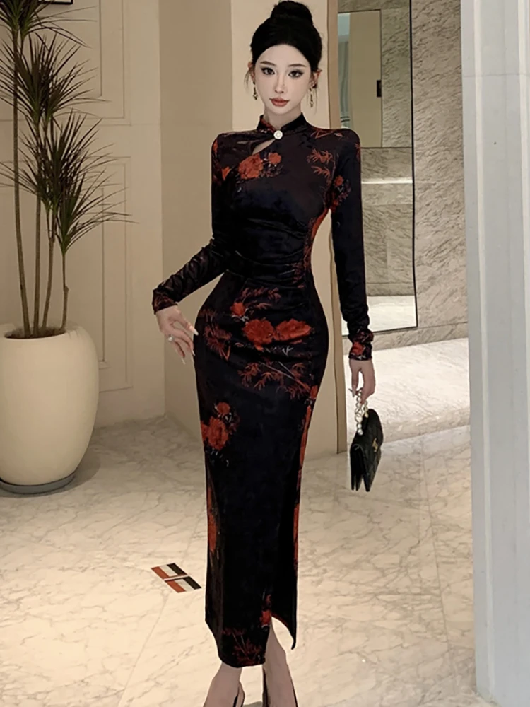 Otoño Invierno negro terciopelo Stand Collar vestido largo con abertura mujeres Vintage Hepburn vestido de graduación 2025 coreano elegante vestido de noche de lujo