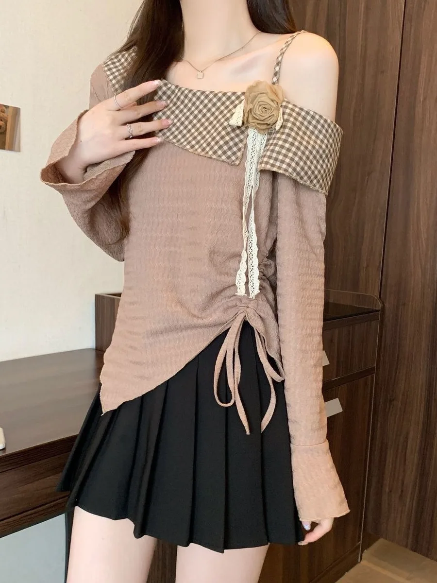 

Симметричная асимметричная блузка Sweet Sli с завязками на плечах для девочек, новинка ранней осени, дышащий повседневный топ с длинными рукавами