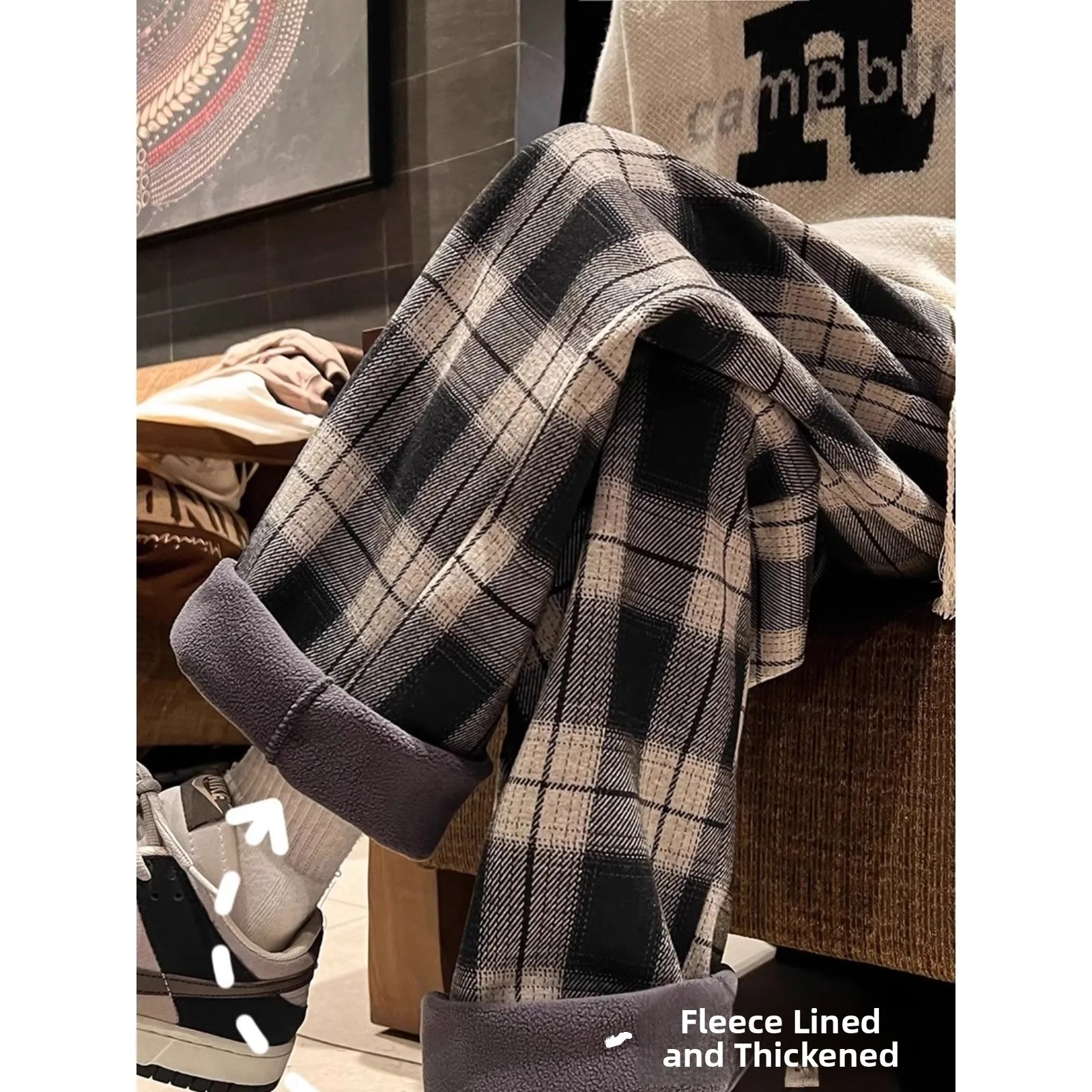 

plus Size Fce Lined Men's Casual Pants Autumn Winter Japanese Sle Plaid Loose Wide Leg Drapey Straight Leg Trendy Trousers