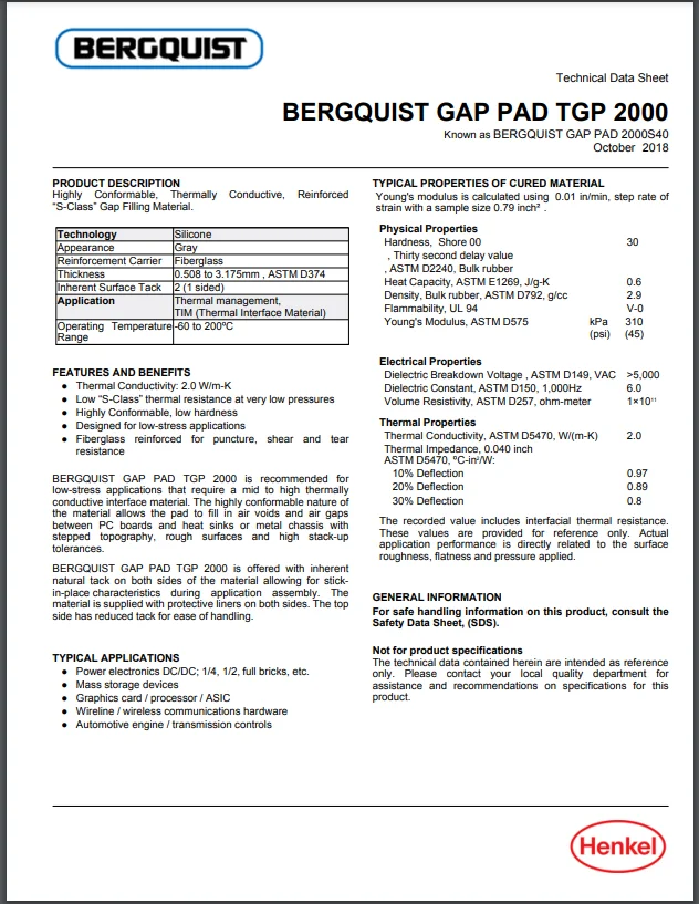 BERGQUIST GAP PAD TGP 2000 Known as Gap Pad 2000S40
