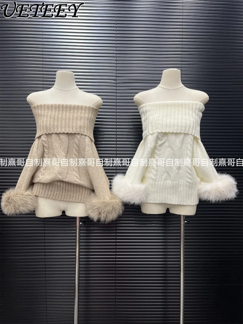 

Универсальная верхняя одежда с открытыми плечами, свитер для женщин, осень-зима, новый дизайн, нишевый свободный утягивающий универсальный вязаный топ, модный