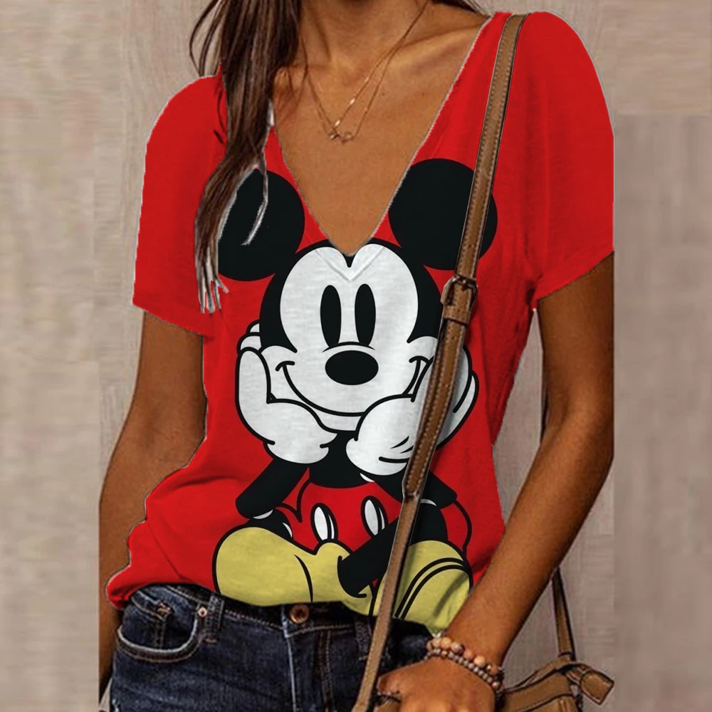 2024 Summer Women\'s Elegant Short sleeved Retro Disney Mickey Mouse Print Top Daily Street Fashion T-shirt Sexy V-neck T-shirt