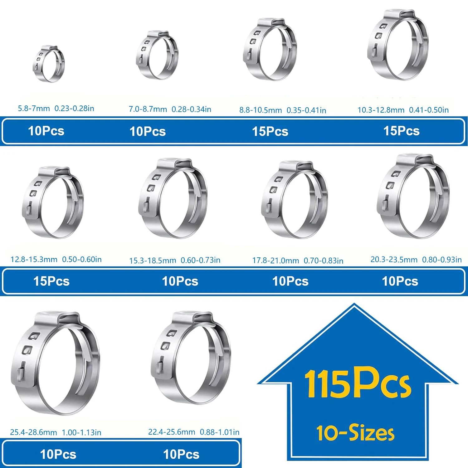 115PCS Single Ear Hose Clamps 5.8-28.6mm 304 Stainless Steel Crimp Hose Clamp Assortment Kit Securing Pipe Hoses and Automotive