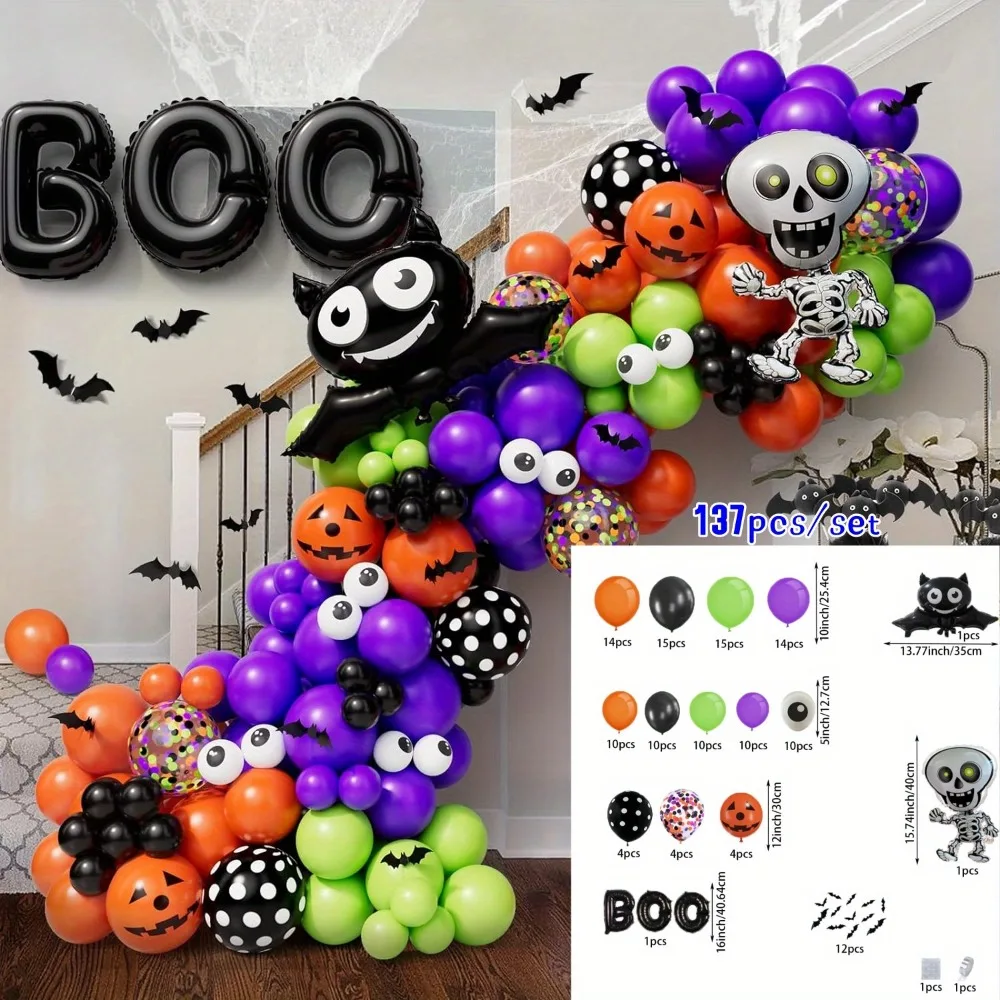 137pcs Halloween Balloon Garland Kit Bat Skeleton Aluminum Film Balloon, Halloween Thriller, Scary Atmosphere Party Scene Layout
