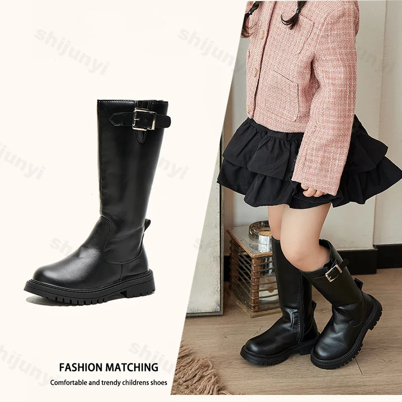 

Детские сапоги до колена, новинка 2025, осенние сапоги принцессы с пряжкой для девочек, детские удобные нескользящие однотонные высокие сапоги на молнии