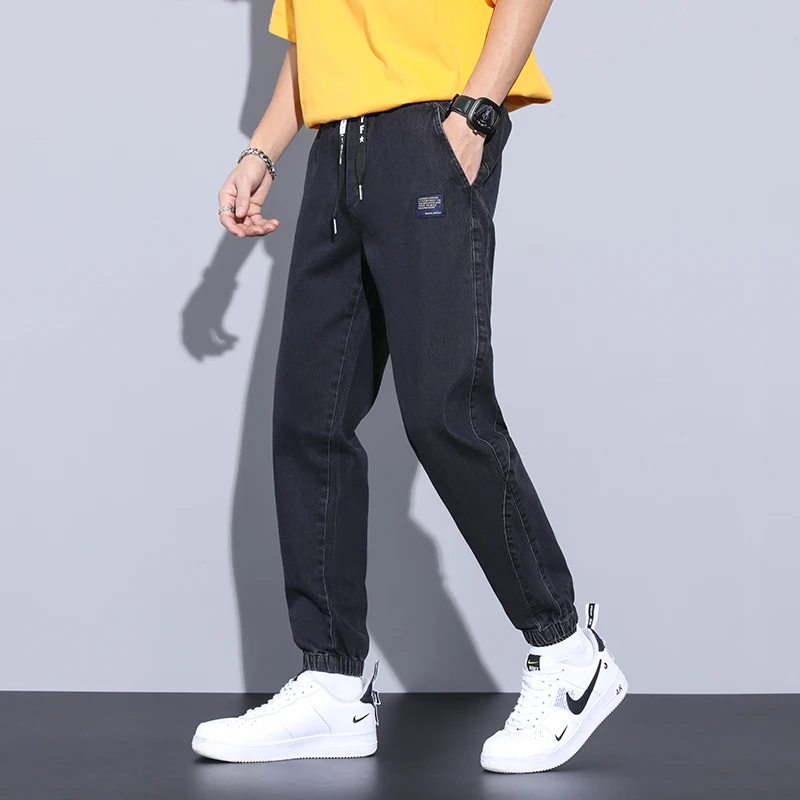 2024 Four Seasons Loose Men\'s Jeans Text Embroidery Baggy Elastic Waist Harlan Cargo Jogger Trousers Męskie Szare Duży Rozmiar M-8XL