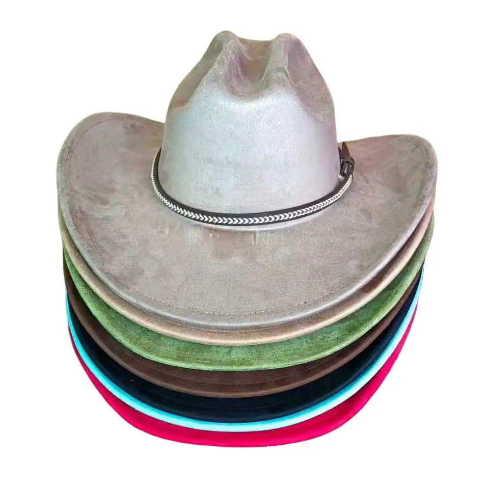 Chapéu de cowboy de camurça ocidental grande rolo borda chapéu de cowboy boné superior para homens mulheres chapéu de cowboy chapéu de feltro fedora chapéu de cowboy