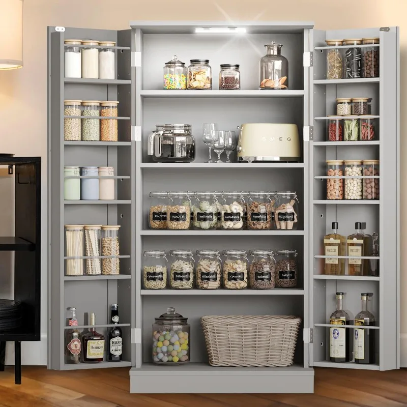 LED Kitchen Pantry Storage Cabinets - 50 Inch Food Cabinets Buffet Cupboards with 2 Doors and Shelves Adjustable