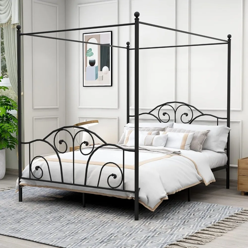 

Queen Size Four-Poster Metal Canopy Bed Frame with Headboard and Footboard Sturdy Slatted Structure No Box Spring Needed Black