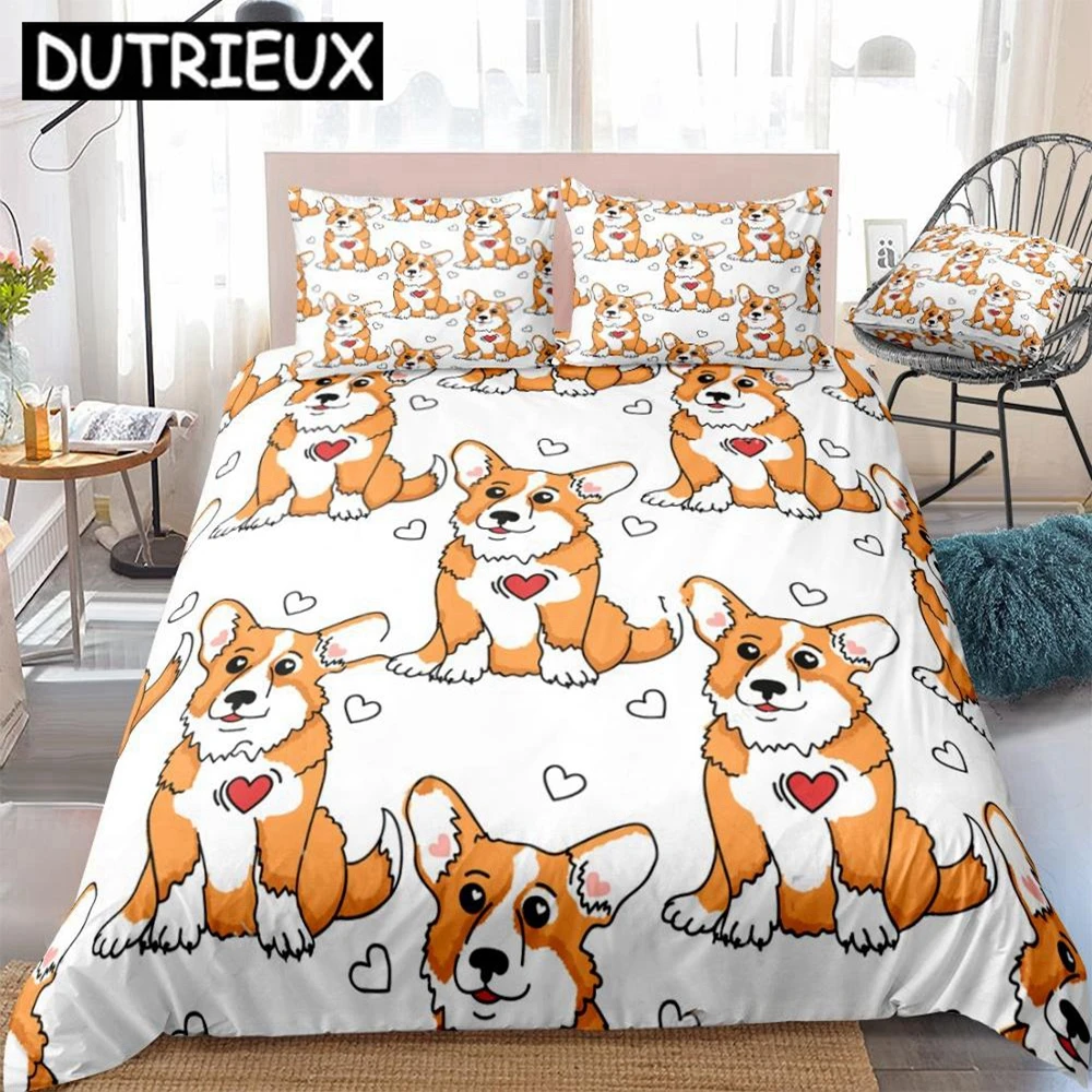 

Cartoon Dogs Bedding Kids Boys Girls Cute Corgi Dogs Duvet Cover Set Red White Hearts Quilt Cover Pet Queen Bed Set Dog Dropship