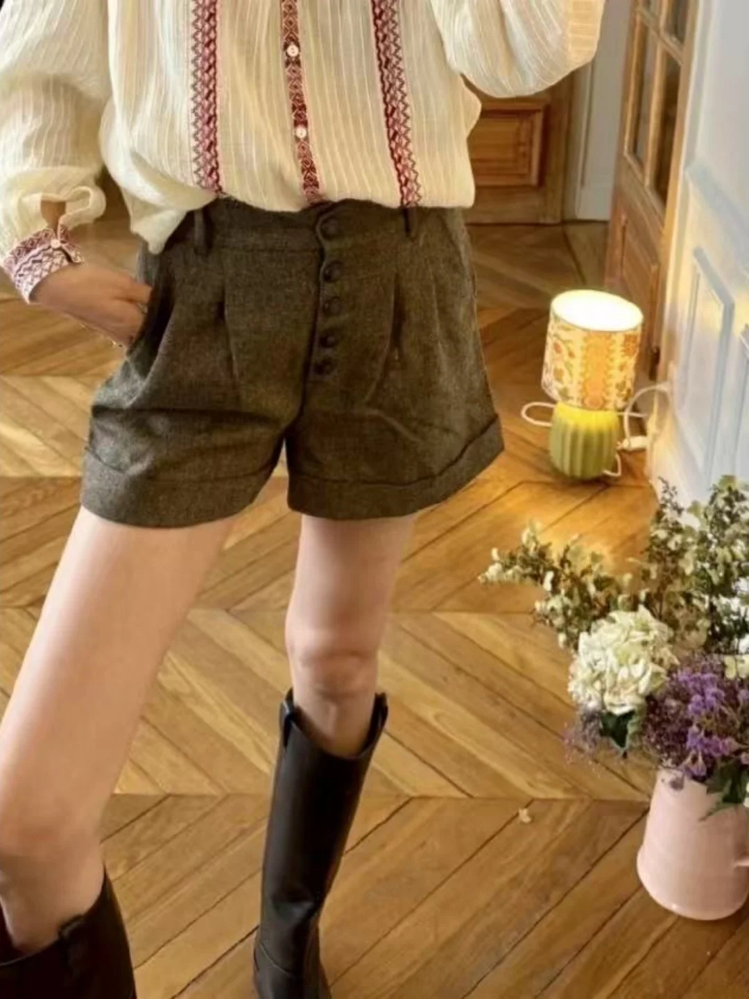 

Женские брюки-кюлоты из смесовой шерсти в стиле ретро, коричневые, с высокой талией, на одной пуговице, с эластичным поясом, для повседневной носки, стройнящие фигуру