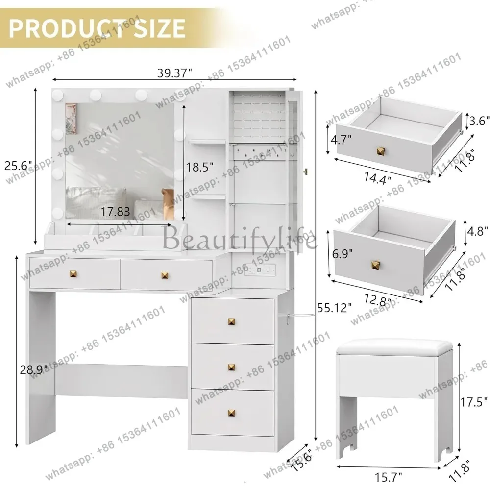 Makeup Vanity Desk Set with Mirror And Lights Small Dressing Table with 5 Storage Drawers Power Outlet And Chair