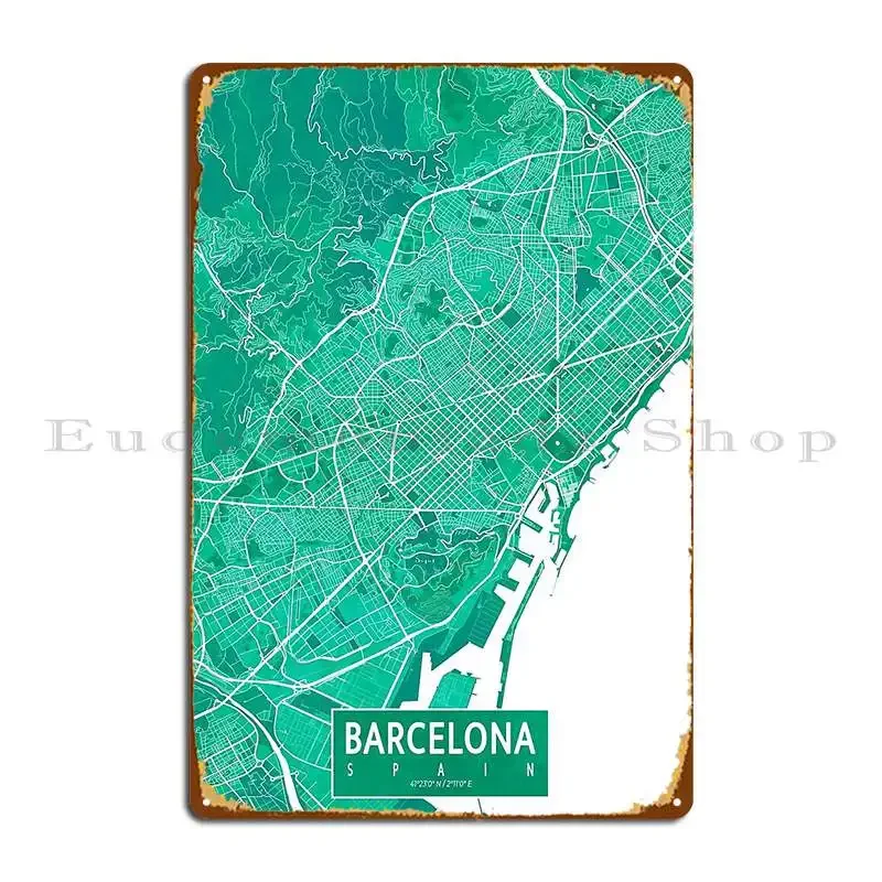 Mapa de la ciudad de Barcelona, España, placa de metal con diseño de acuarela, diseño de cine, pub, cueva, cartel de metal