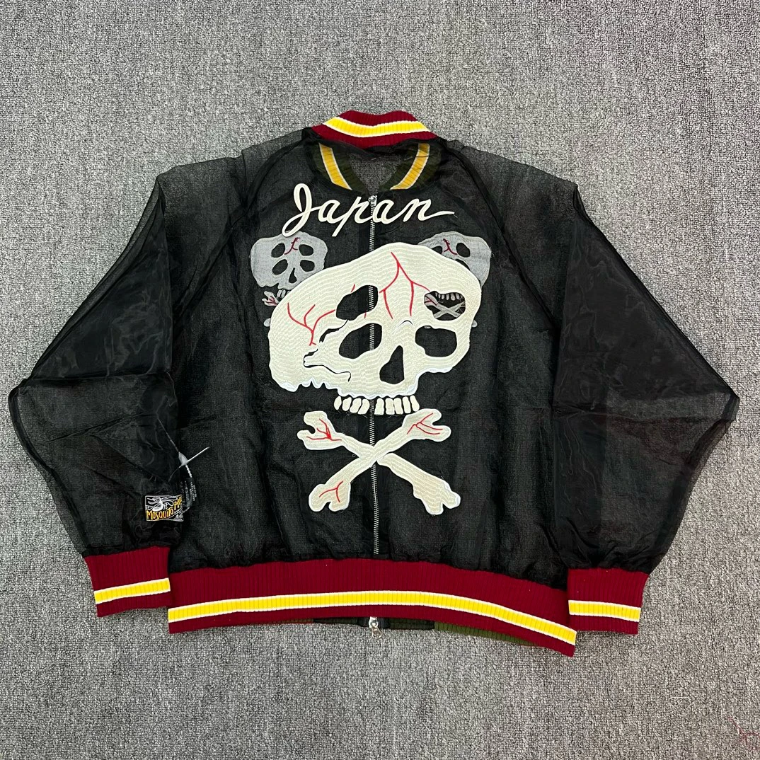 

Куртка KAPITAL 24SS из прозрачного шелка с вышивкой в виде черепа, защита от солнца, на молнии, удлиненная, с бейсбольным воротником, летняя