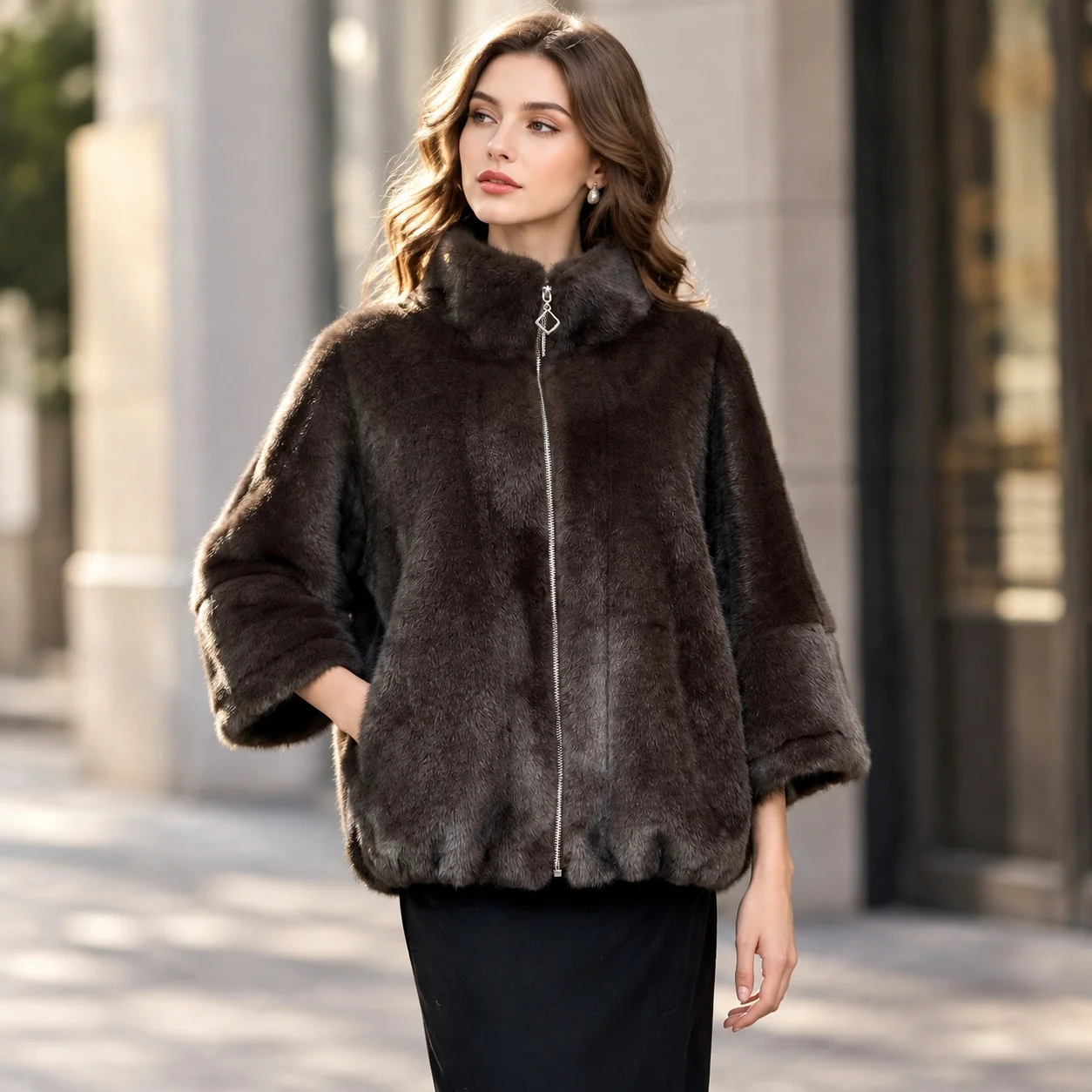 Stand Collar Hat No Hood Loose Fit Commuter Chic with Short Length Five Quarter Sleeve Batwing Sleeve Autumn Winter Women Coat