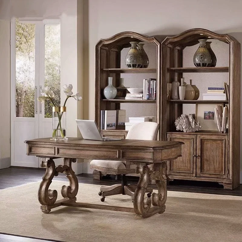 Solid wood European retro carved office computer desk