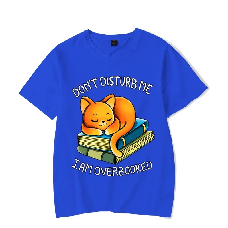 Women Tshirt Funny Letter Don’t Disturb Me Cat Overbooked Y2k Shirt Girl Round Neck Graphic Shirt Casual Cute Sleeping Cat Shirt