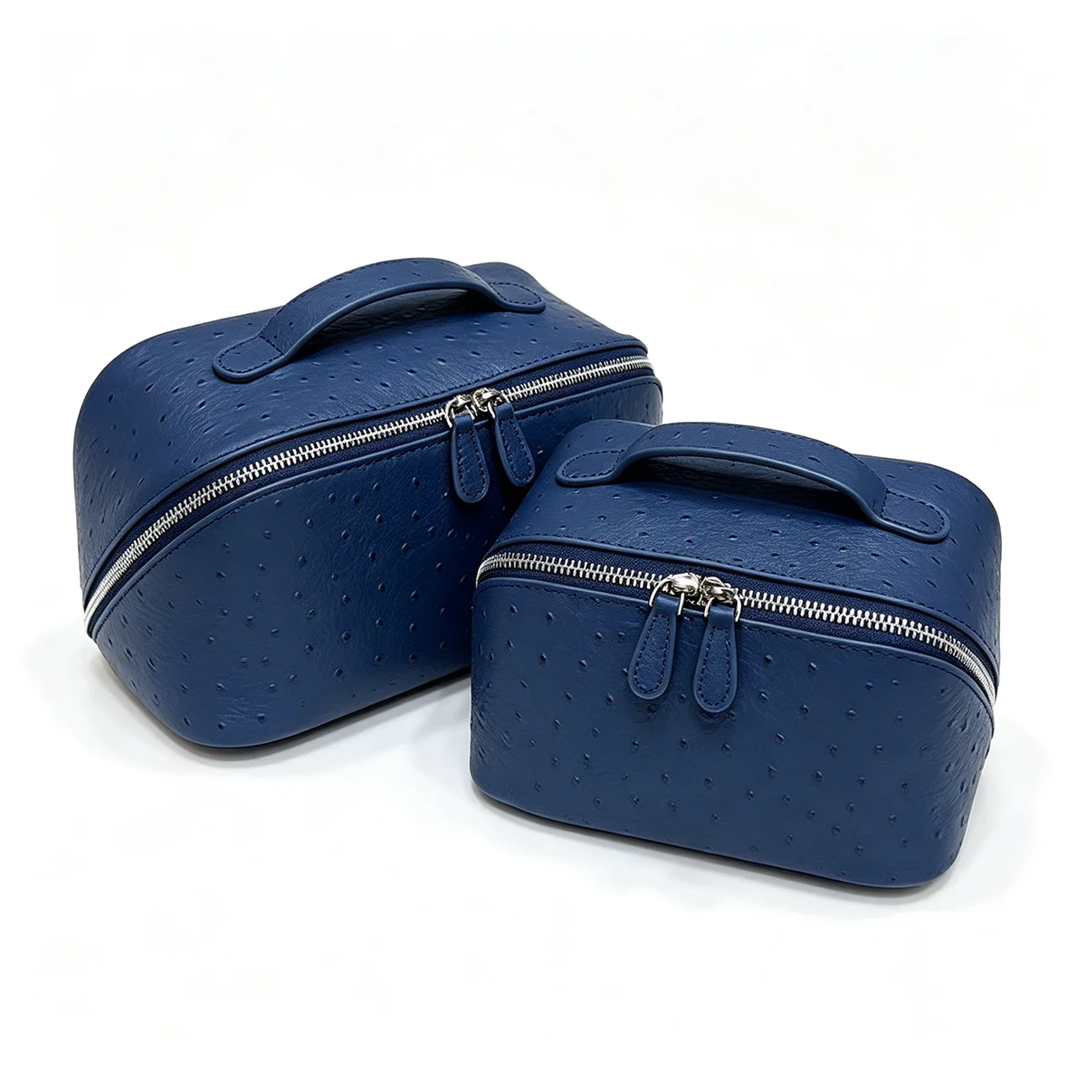 Echte Rindsleder-Kosmetiktasche mit Straußenmuster, Tragbare Reisetasche für Make-up und Toilettenartikel mit Reißverschluss – Detail 9