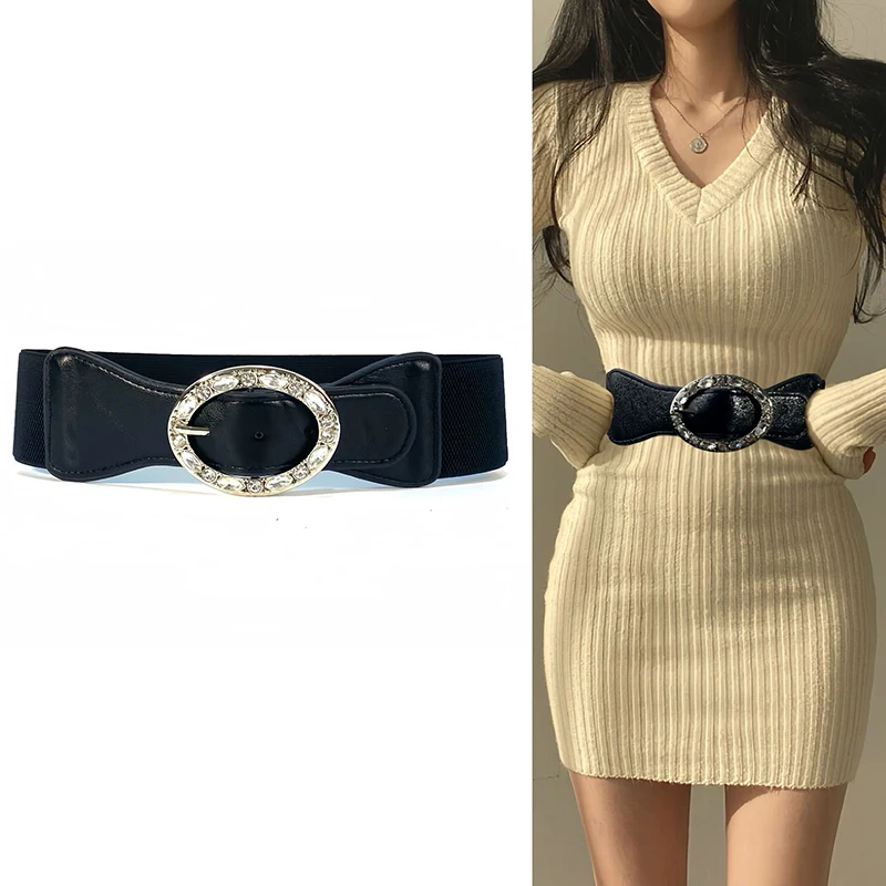 

Модный пояс со стразами для женщин, платье, черный, серебристый, широкий эластичный пояс Cincher, эластичный корсет, пояс, пояс
