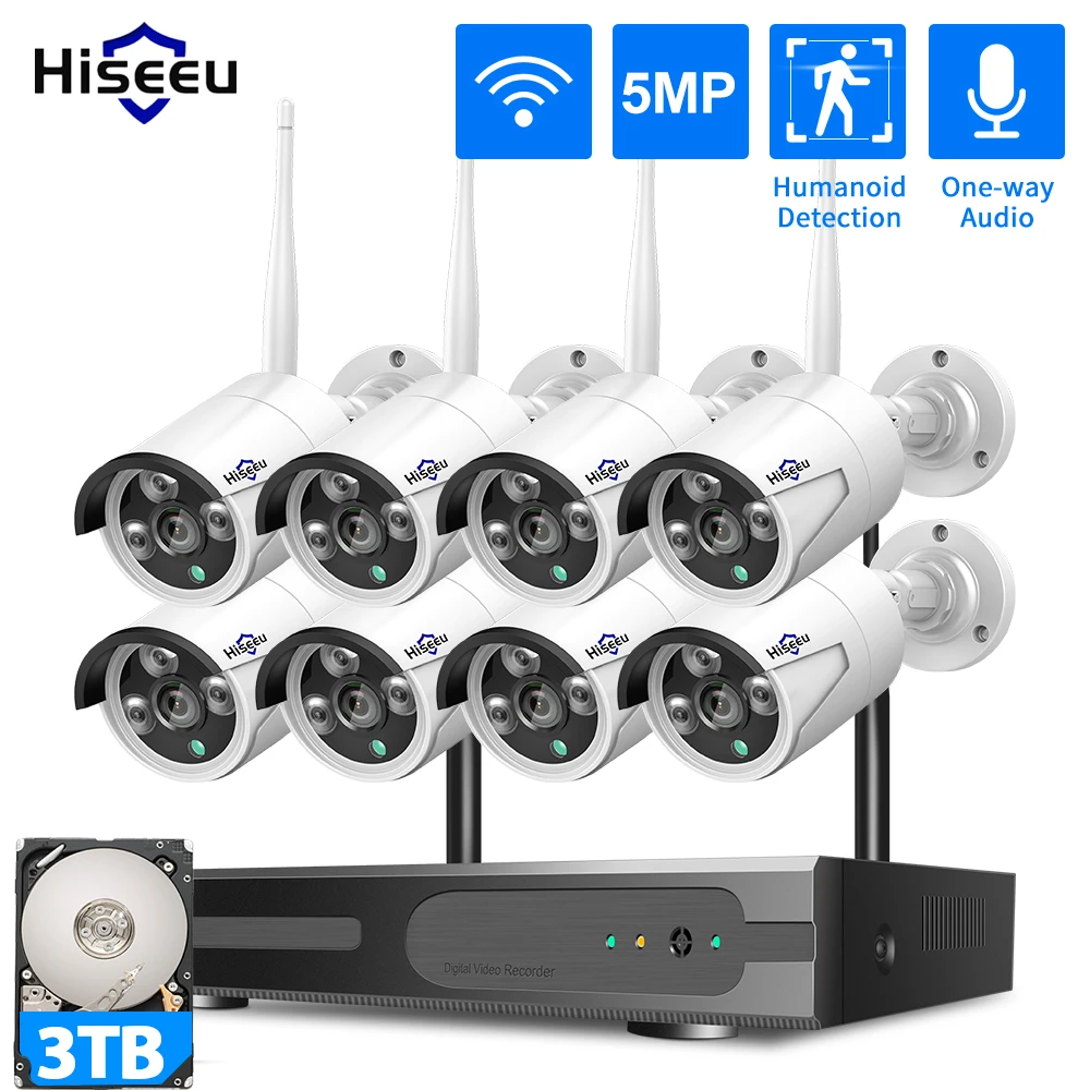 Hiseeu 와이파이 CCTV 카메라 보안 시스템, IR 야간 투시경 불릿 카메라 세트, 10CH NVR 무선 CCTV 감시 시스템, 5MP 