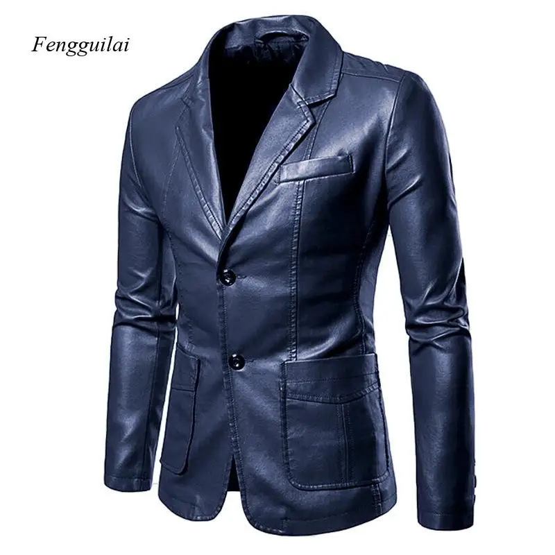 

Мужской повседневный блейзер из искусственной кожи - приталенный деловой пиджак с карманами