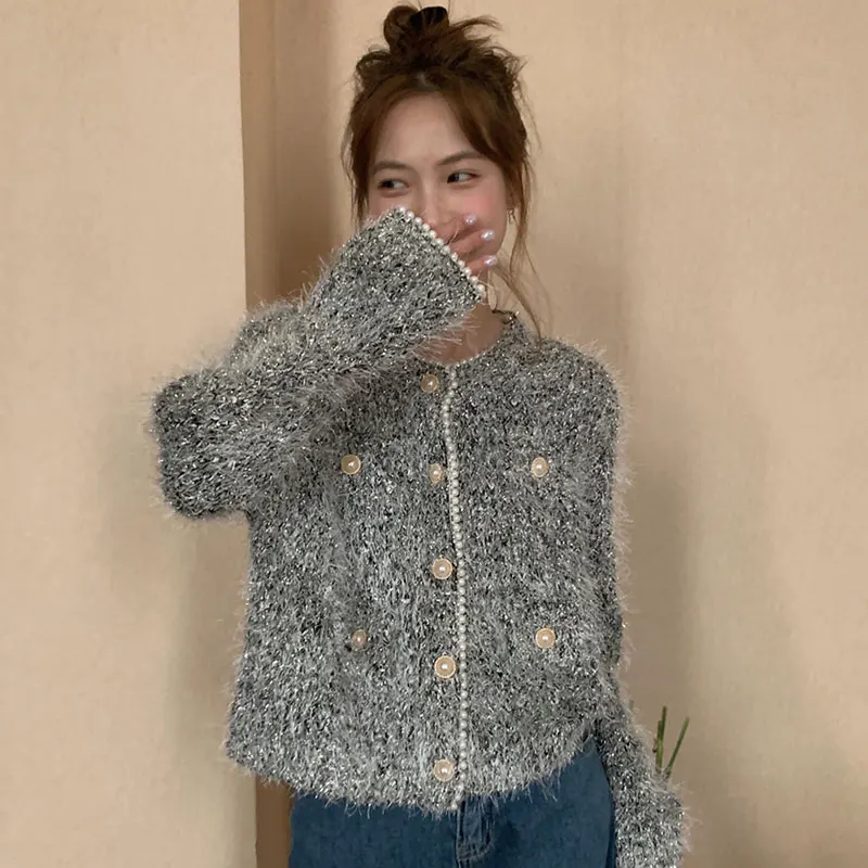 Pearl Beading Elegant Knit Cardigan Sweater Women Korean Stylish Shiny Thread Tops Long Sleeve O-neck Vintage Coats Jumpers 2024