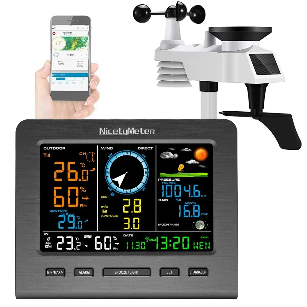 WIFI Weather Station Outdoor Sensor Rain Gauge Weather Forecast Temperature Humidity Air Pressure Wind Gauge Moon Phrase