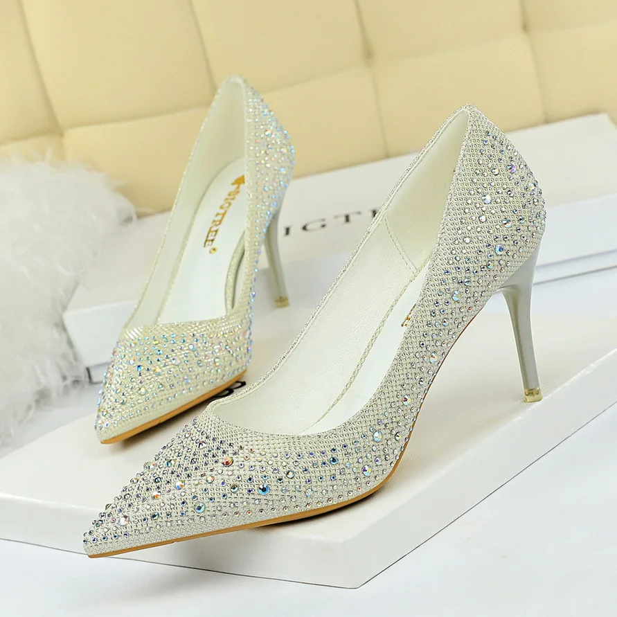 

Women Simple Glitter Sequins Stiletto Heels Evening Lady Wedding Bridal Bling Gold Silver Champagne Party Shoes Grace 9219-22