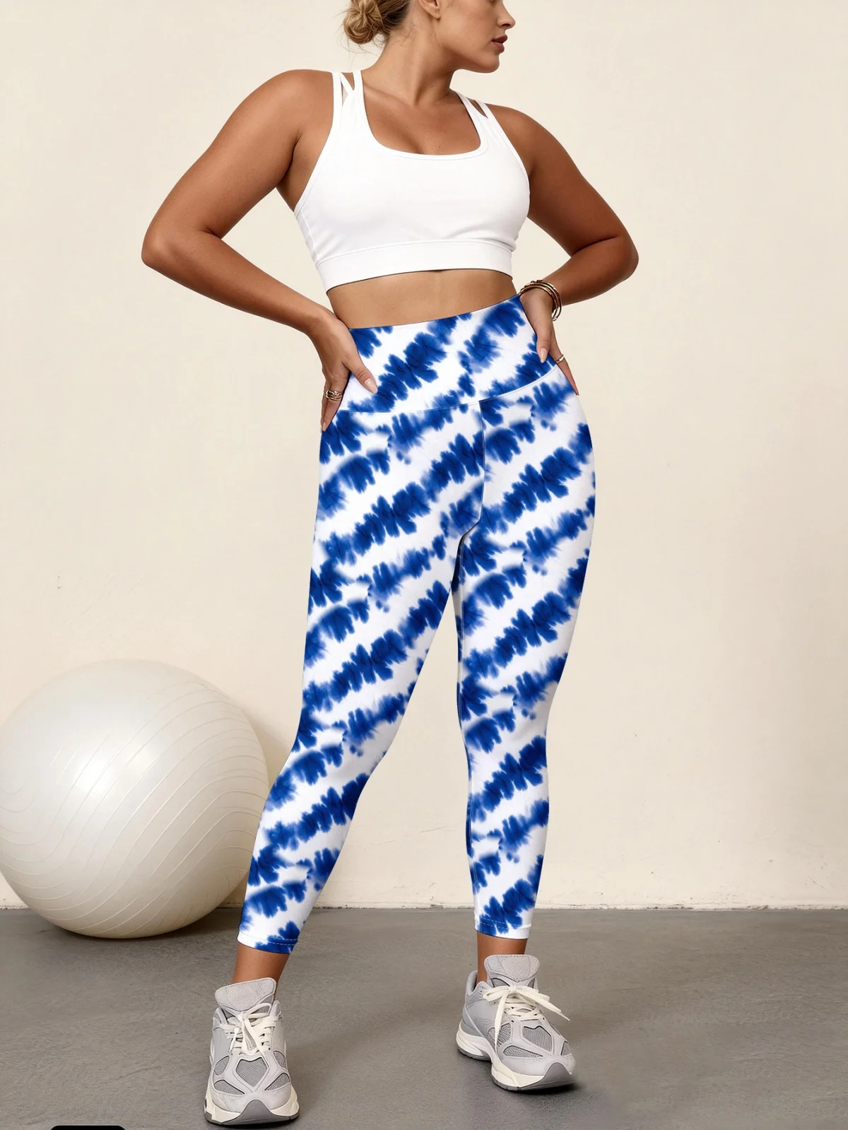 

Blue and white tie dye with a retro artistic feel print women's high waisted yoga pants, high stretch quick drying sports leggin