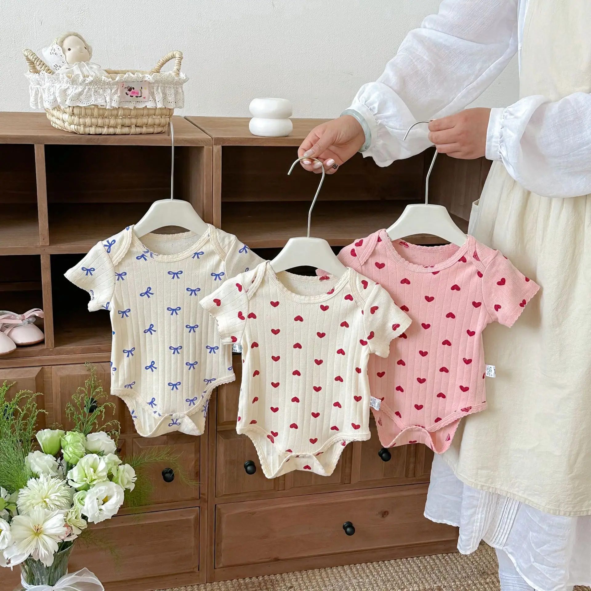 2026 Summer Pure Cotton A-class Baby Clothes for Men and Women, Baby Love Printed Fart Clothes, Baby Jumpsuit