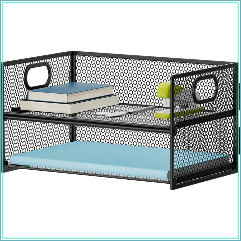 2 Tier Mesh Paper Organizer Letter Tray with Handle, File Sorter for Home Office Desk - Black