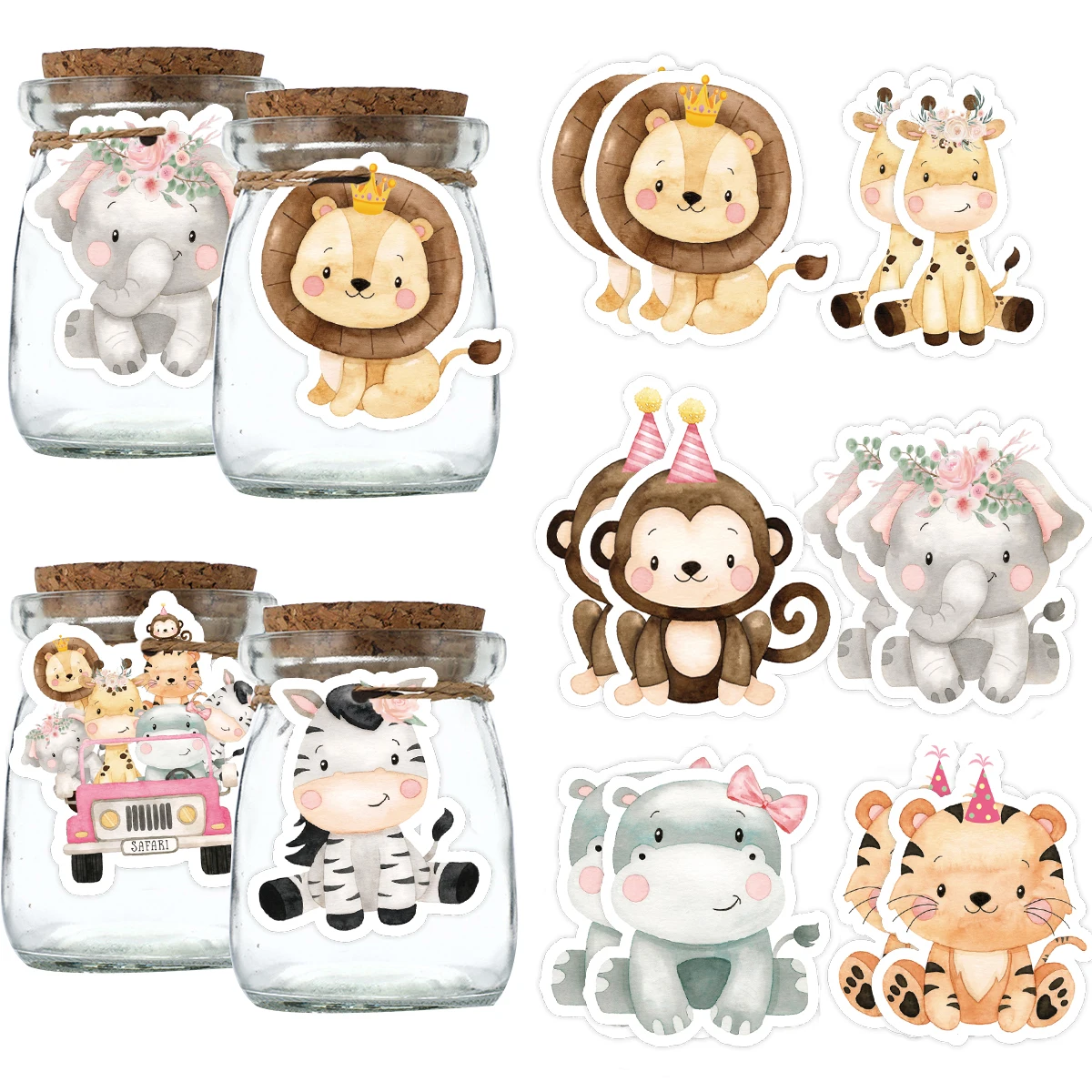 48pcs/lot Carton Animal Paper Tags Pink Craft Hanging Labels For Girl\'s Jungle Safari Birthday Party Gifts Wrapping Decoration