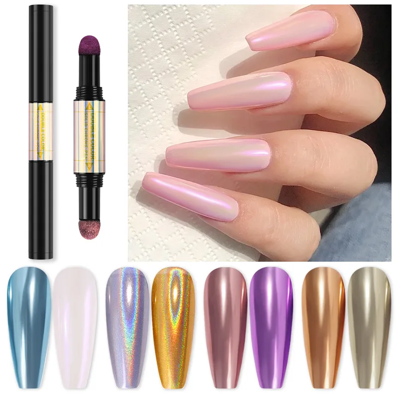 2 Colors Holographic Laser Aurora Solid Magic Mirror Nail Glitter Powder Cushion Pen Nails Chrome Pigments Nail Art Decoration