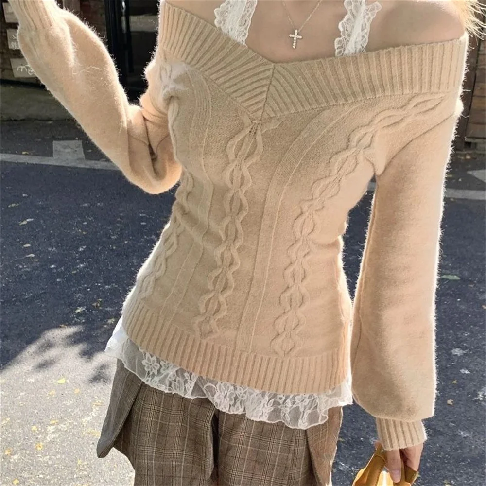 Moda vintage scollo a V lavorato a maglia top donna 2025 inizio autunno nuovi maglioni pullover slim pullover a maniche lunghe maglioni grigi sexy