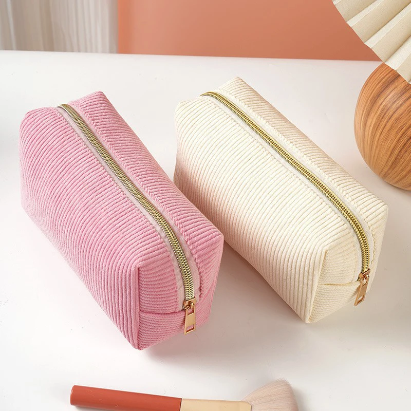 Cute Corduroy Cosmetic Bag for Girls Spacious Makeup Pouch Durable Stationery Organizer Pencil Case School Office Supplies