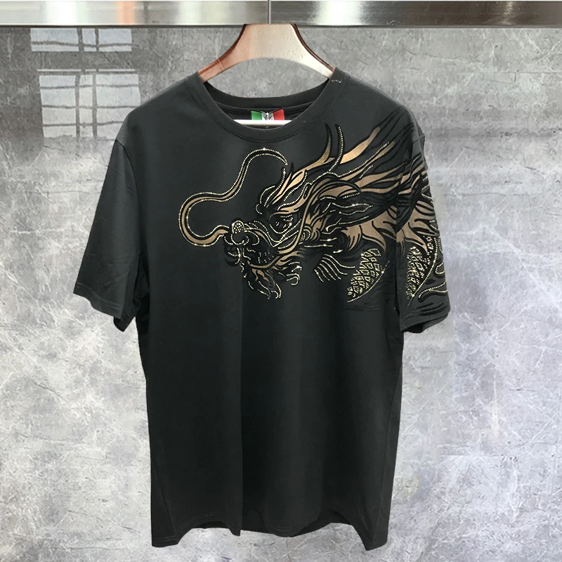 

Hot Diamond Short Sleeve 2023 Summer New Round Neck High Quality Men Premium Comfortable T-shirt Homme Streetwear Black Gold