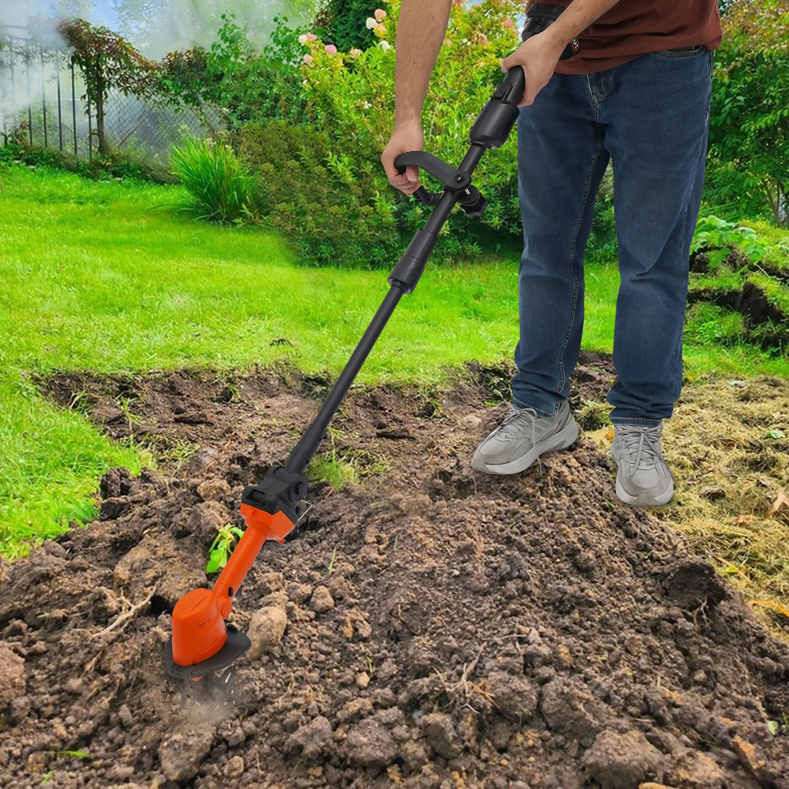 Akku-Räuchergrubber, 21 V, Mini-elektrische Gartenfräsmaschine, tragbare Mikrofräse mit Verlängerungsstange für Gärten – Detail 1