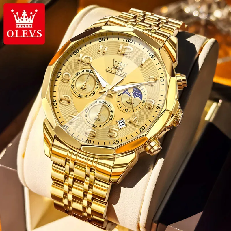 

OLEVS 3676, мужские золотые кварцевые часы из нержавеющей стали, водонепроницаемые, с призмой, зеркальный дисплей, фаза Луны, арабские цифры, шкала для мужчин