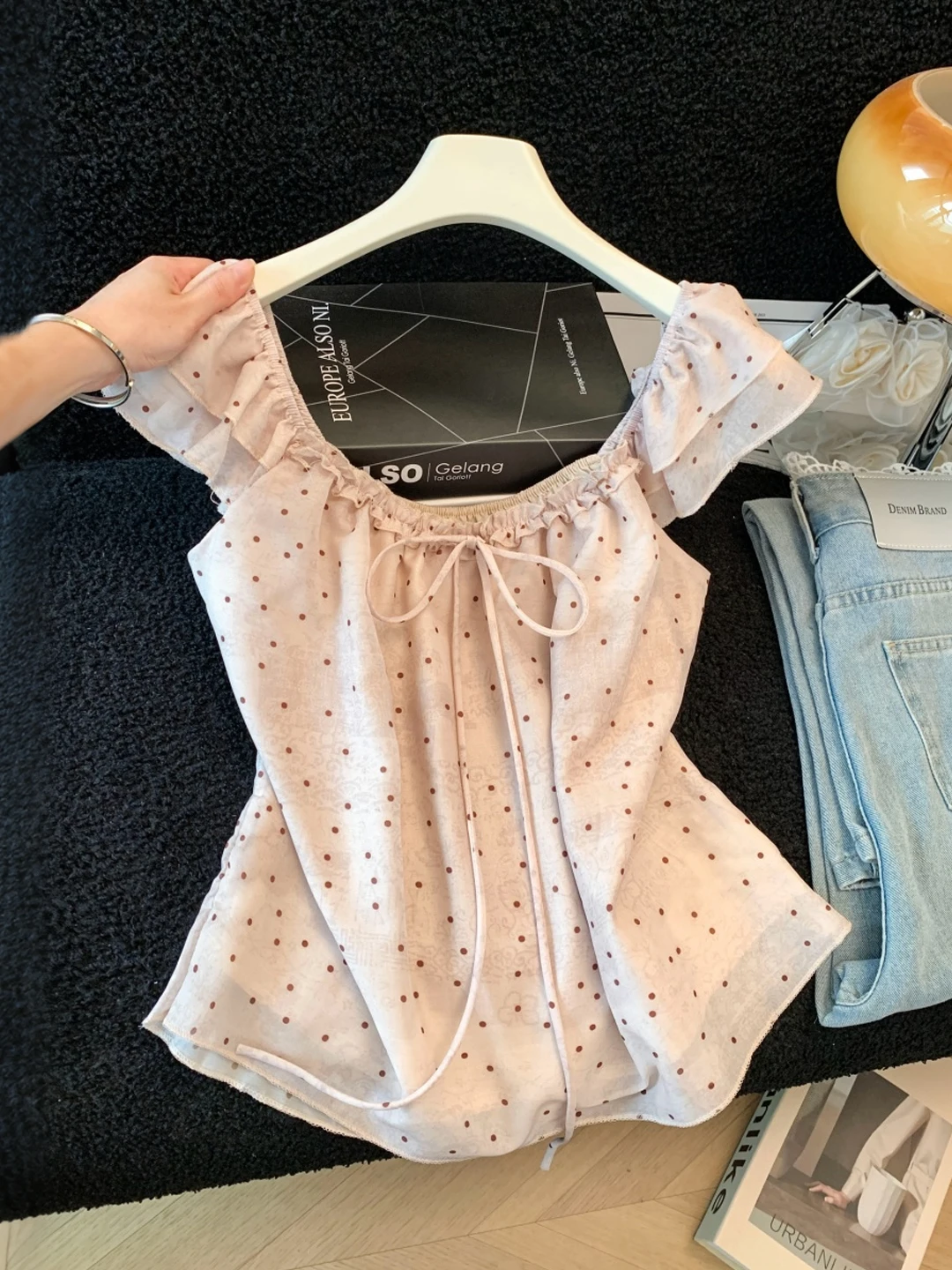

Sweet Polka Dot Lace Trim Belted Women's Shirt Korean Style Slim Fit Summer Fashion Fly Sleeve Top Breathable Polyester