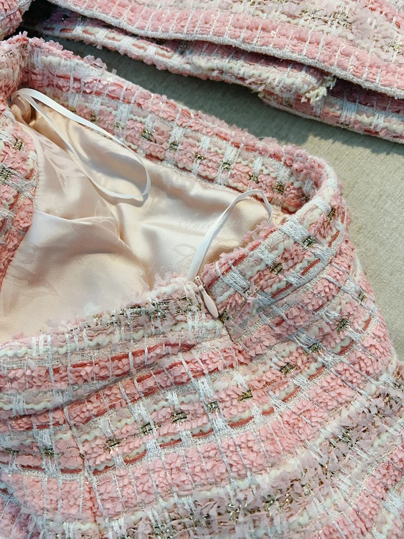 Lingzhiwusis 2024 autunno inverno donna francese signore delicato rosa Set Blazer Top gonna vestito Tweed lana Twinset nuovo arrivo