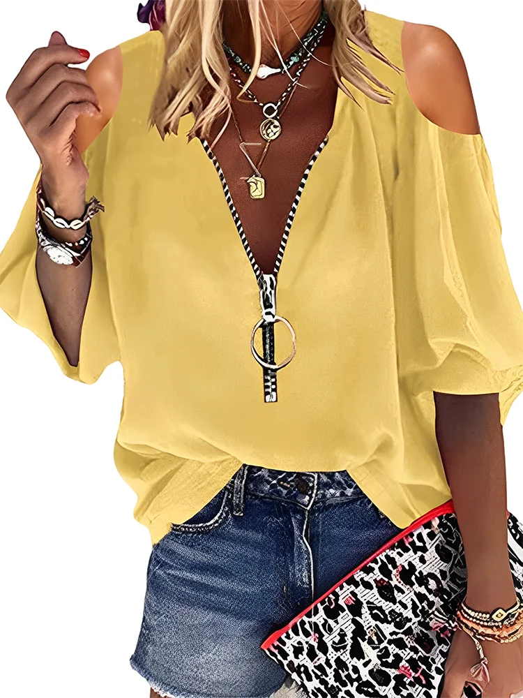 Summer Solid Women Blouses And Tops Fashion Zipper V Neck 3/4 Sleeve Elegant Office Work Lady Shirts Oversize Casual Blouse